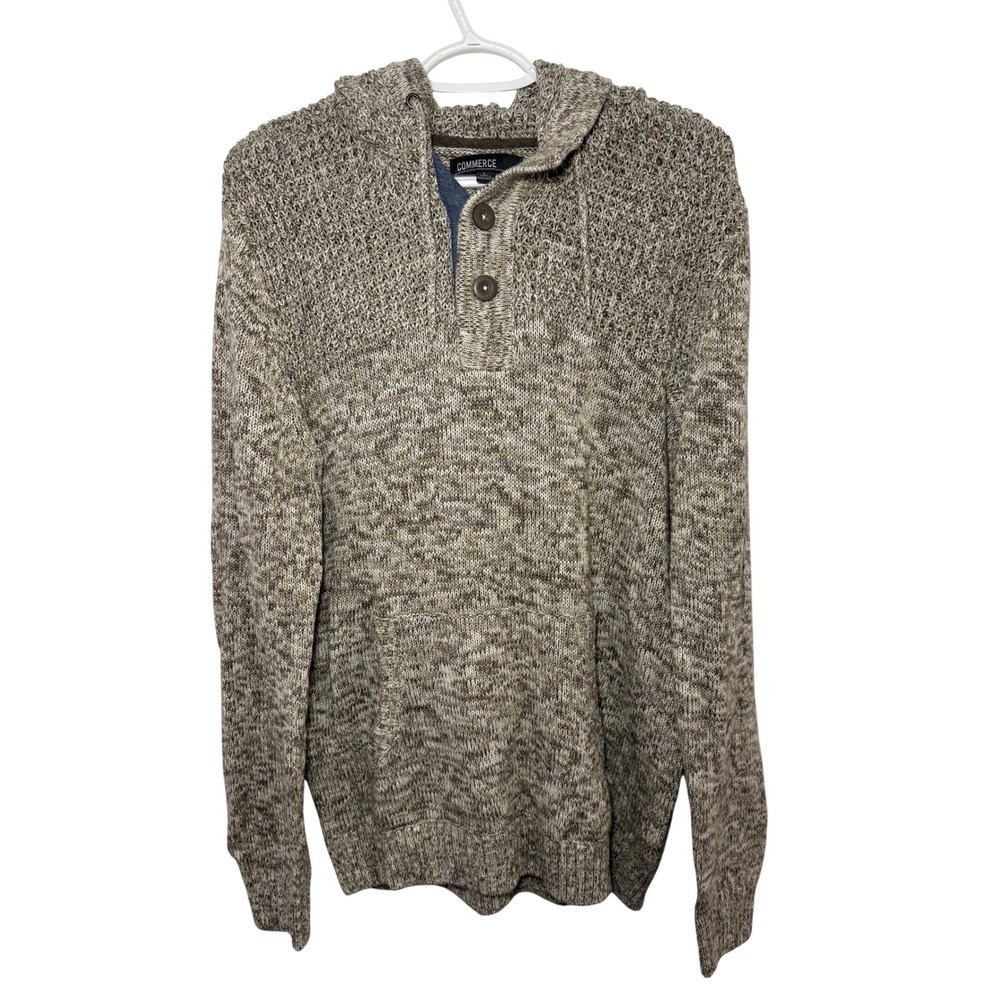 COMMERCE‎ Mens Textured Knit Hoodie Henley Sweater Large Preppy Grunge Classic